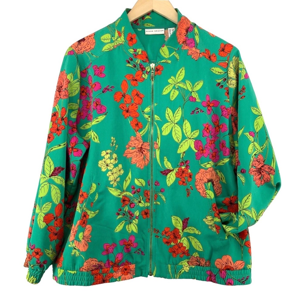 SUSAN GRAVER Silky Track Jacket GOLD ZIPPER ZIP-UP Bright Green Floral Pockets S